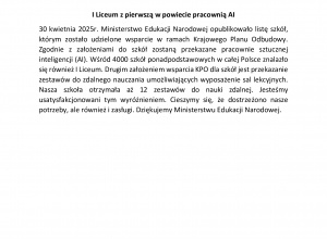 I Liceum z pierwszą w powiecie pracownią AI